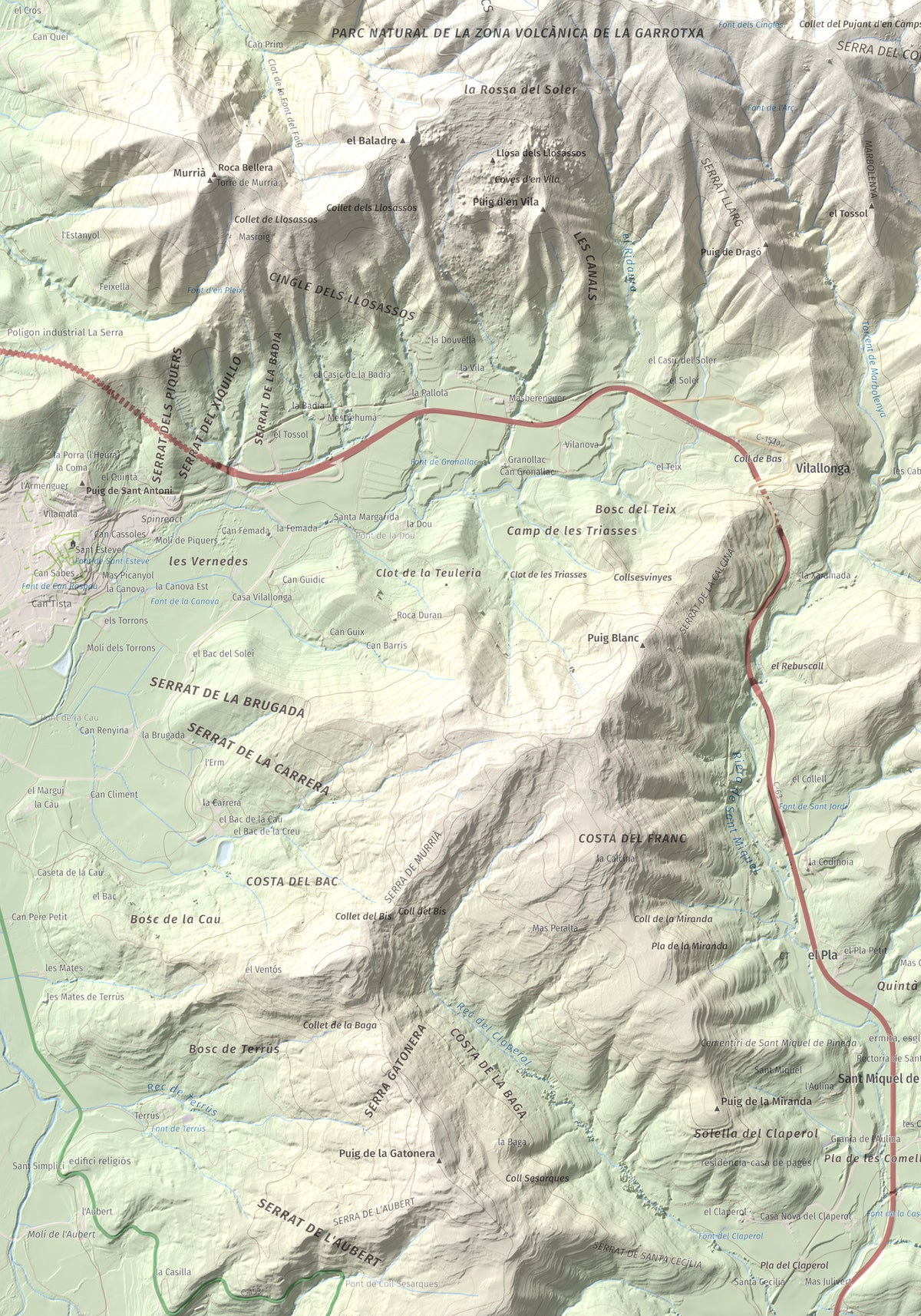 Mapa de relieve de Roca Lladre, 907 m, Garrotxa, lámina 100 Cims de Trobart. Detalle de la zona inferior izquierda. 70 × 100 cm.