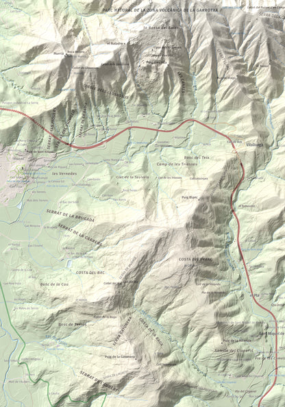 Mapa de relieve de Roca Lladre, 907 m, Garrotxa, lámina 100 Cims de Trobart. Detalle de la zona inferior izquierda. 70 × 100 cm.