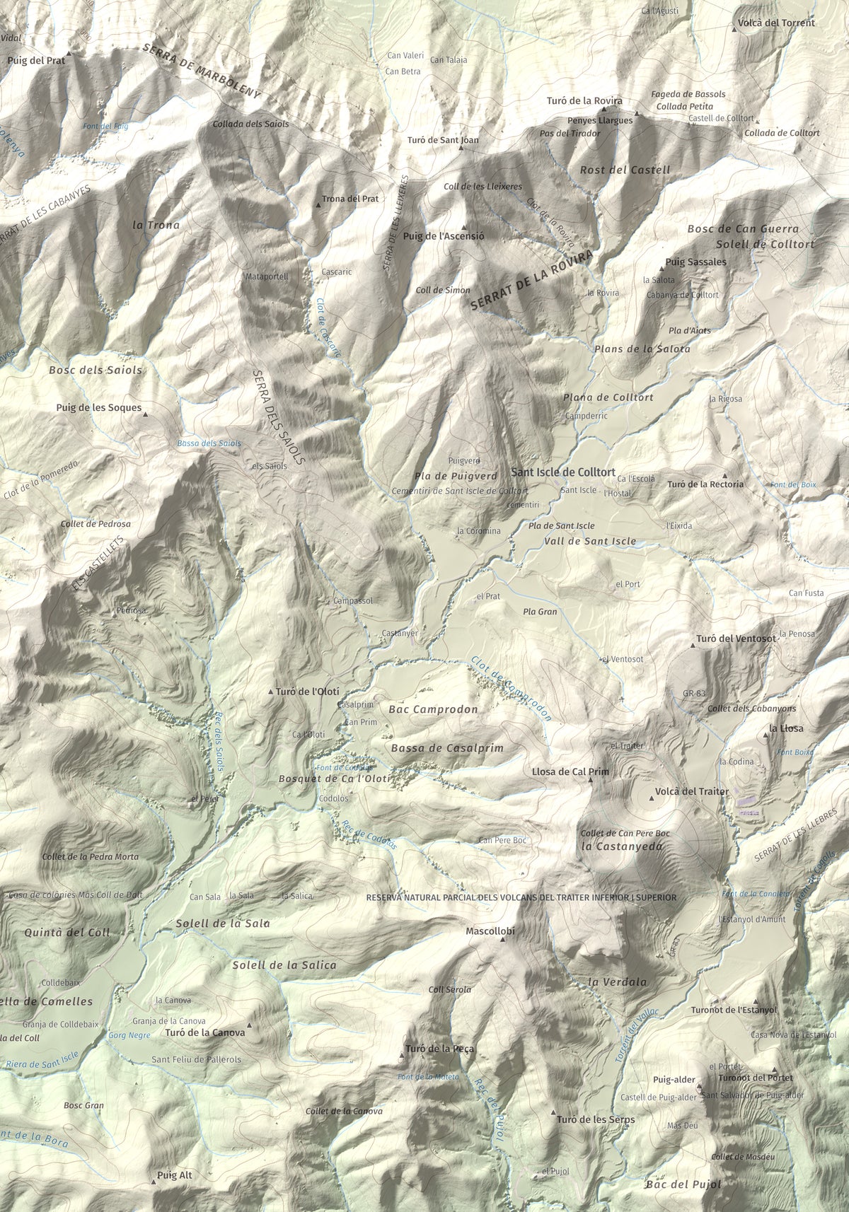 Mapa de relieve de Roca Lladre, 907 m, Garrotxa, lámina 100 Cims de Trobart. Detalle de la zona inferior derecha. 70 × 100 cm.