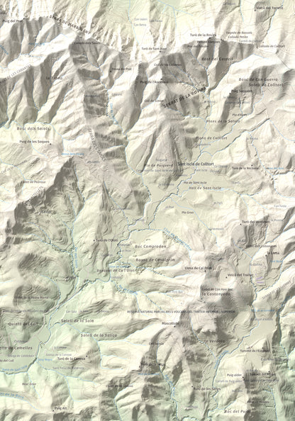 Mapa de relieve de Roca Lladre, 907 m, Garrotxa, lámina 100 Cims de Trobart. Detalle de la zona inferior derecha. 70 × 100 cm.