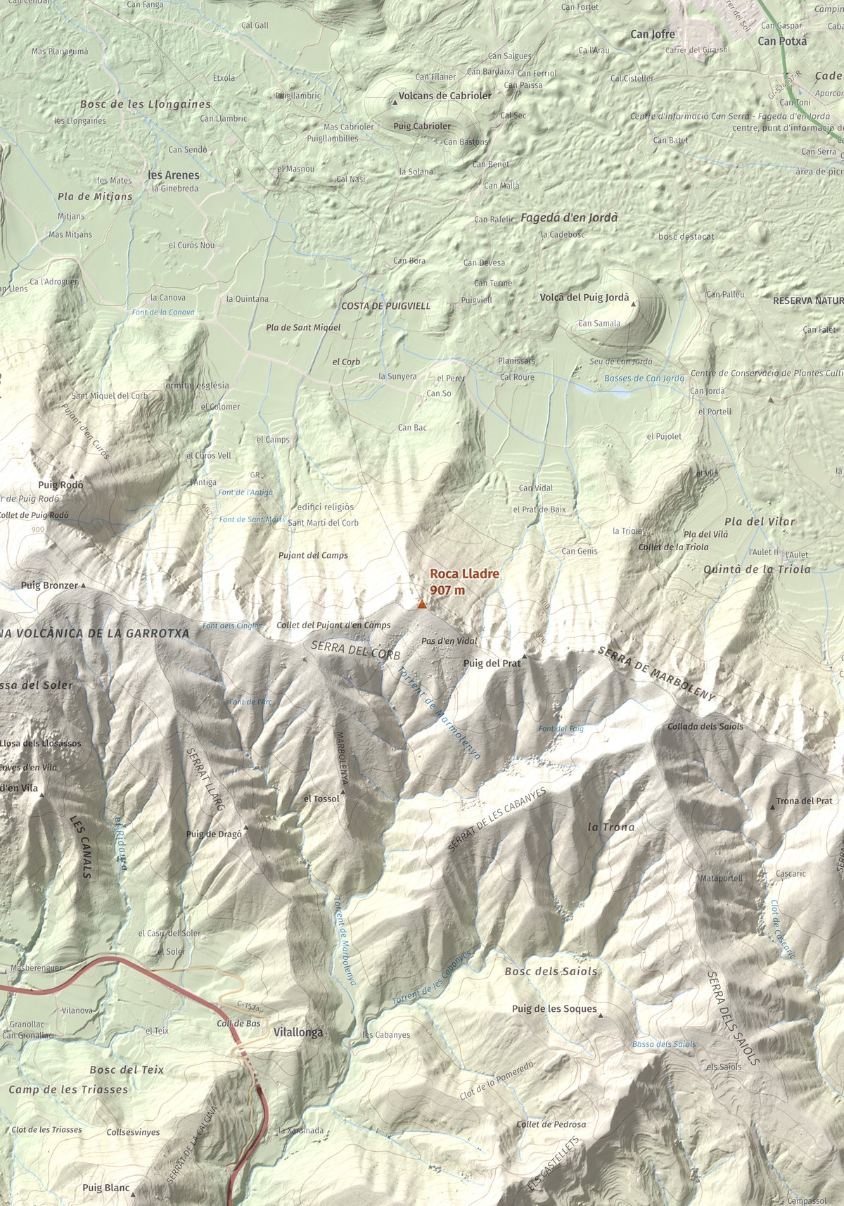 Mapa de relieve de Roca Lladre, 907 m, Garrotxa, lámina 100 Cims de Trobart. Detalle de la zona central. 70 × 100 cm.