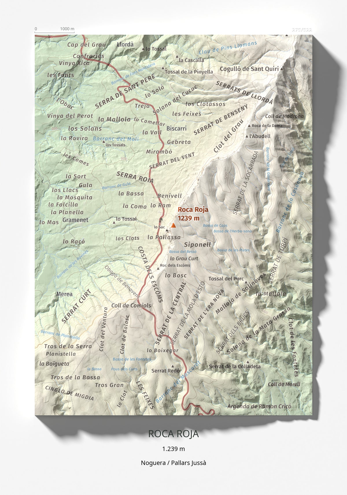Mapa de relieve de Roca Roja, 1239 m, Noguera · Pallars Jussà, lámina 100 Cims de Trobart 21 × 30 cm.