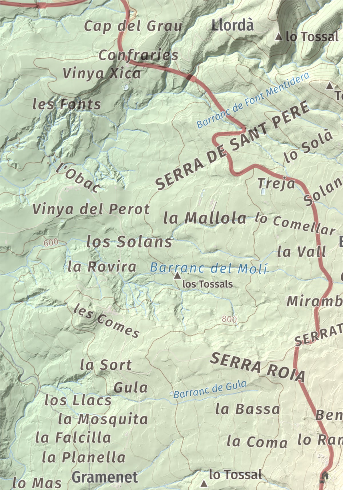 Mapa de relieve de Roca Roja, 1239 m, Noguera · Pallars Jussà, lámina 100 Cims de Trobart. Detalle de la zona superior izquierda. 21 × 30 cm.