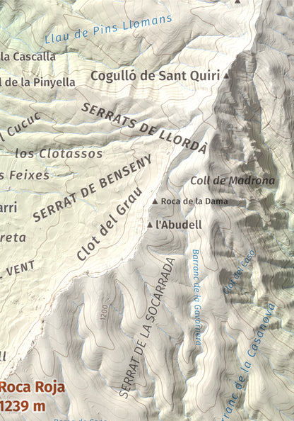 Mapa de relieve de Roca Roja, 1239 m, Noguera · Pallars Jussà, lámina 100 Cims de Trobart. Detalle de la zona superior derecha. 21 × 30 cm.