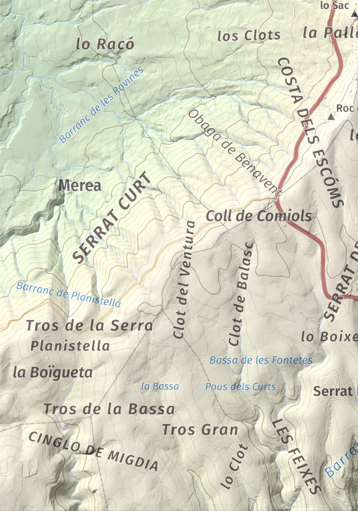 Mapa de relieve de Roca Roja, 1239 m, Noguera · Pallars Jussà, lámina 100 Cims de Trobart. Detalle de la zona inferior izquierda. 21 × 30 cm.