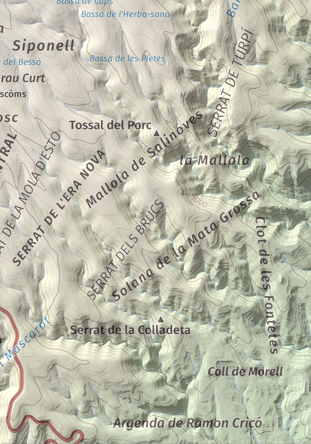 Mapa de relieve de Roca Roja, 1239 m, Noguera · Pallars Jussà, lámina 100 Cims de Trobart. Detalle de la zona inferior derecha. 21 × 30 cm.