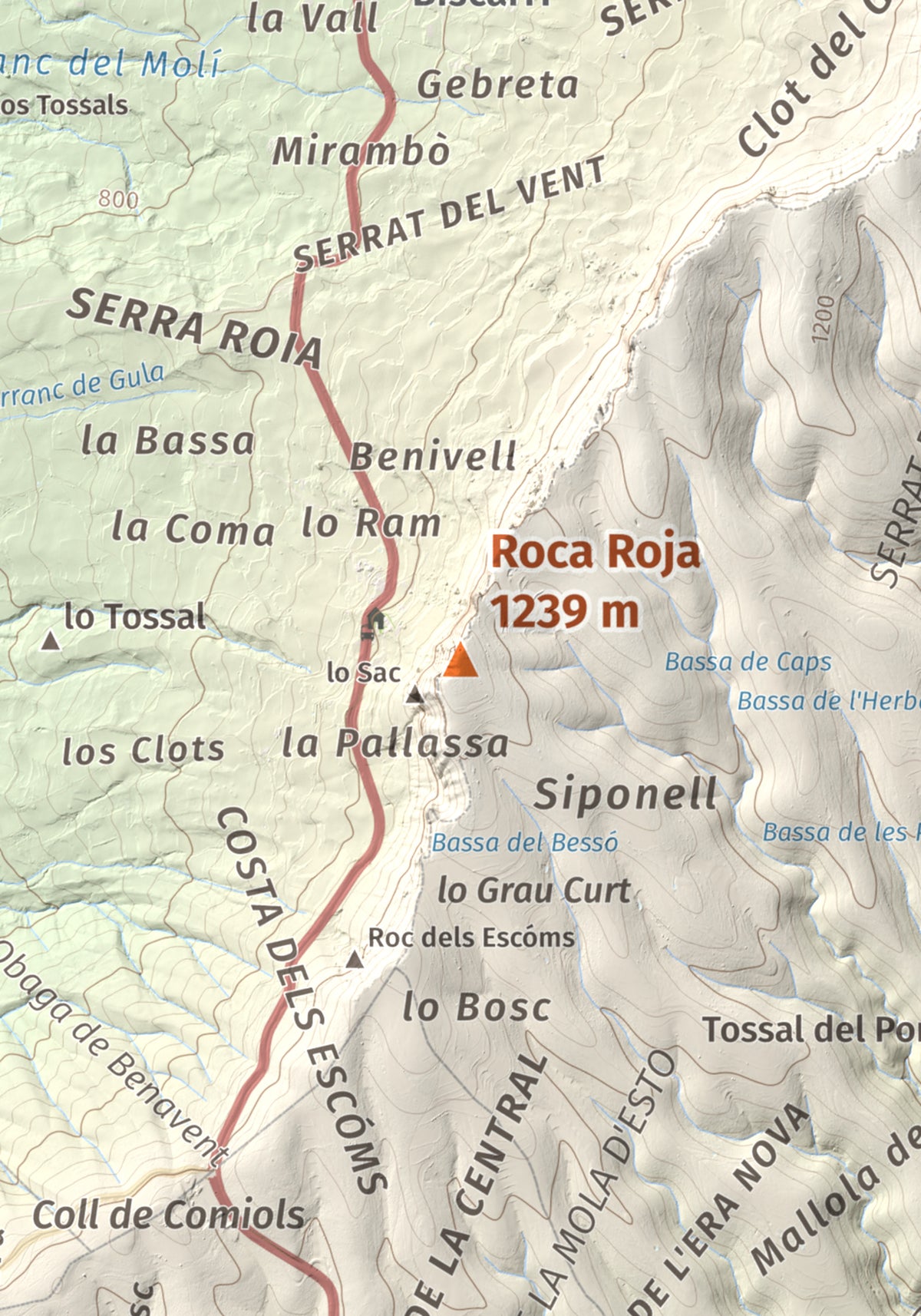 Mapa de relieve de Roca Roja, 1239 m, Noguera · Pallars Jussà, lámina 100 Cims de Trobart. Detalle de la zona central. 21 × 30 cm.