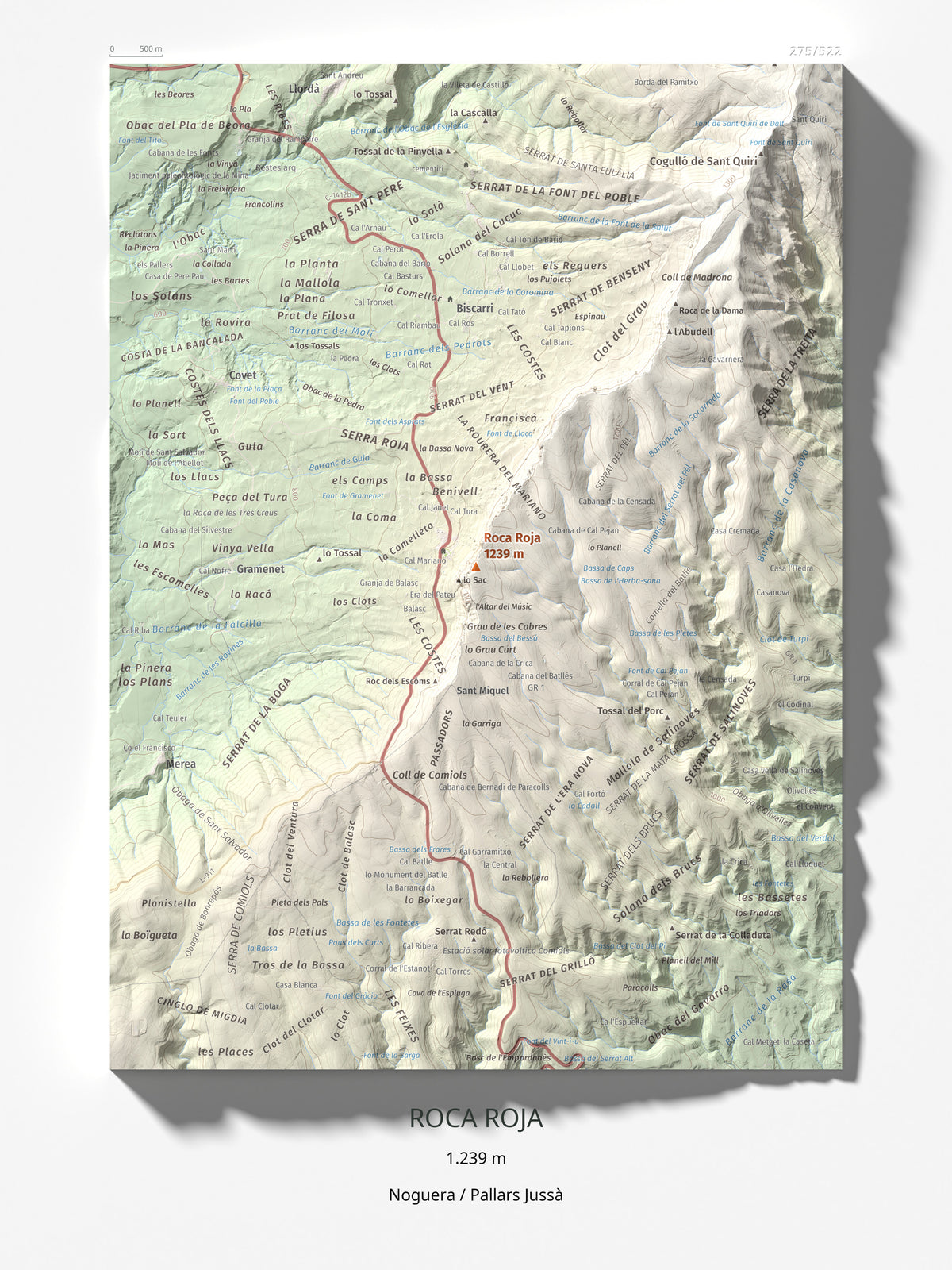 Mapa de relieve de Roca Roja, 1239 m, Noguera · Pallars Jussà, lámina 100 Cims de Trobart 30 × 40 cm.