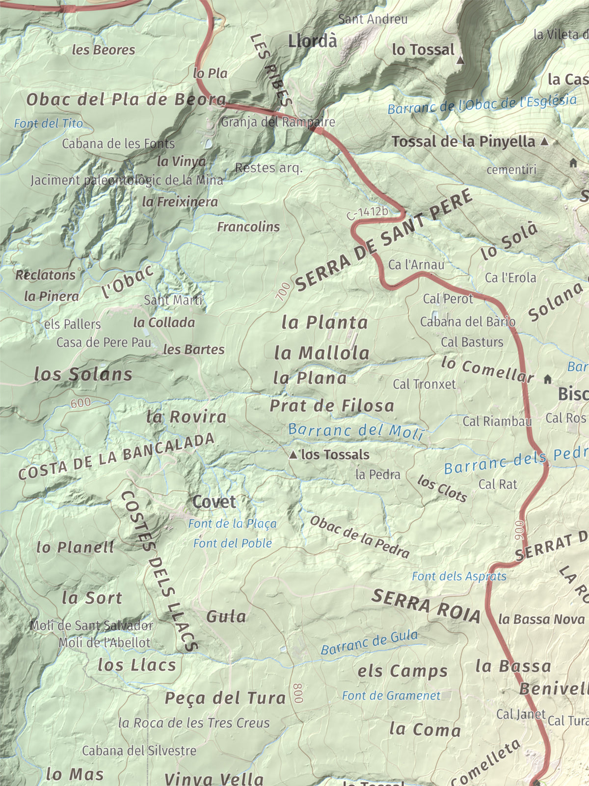Mapa de relieve de Roca Roja, 1239 m, Noguera · Pallars Jussà, lámina 100 Cims de Trobart. Detalle de la zona superior izquierda. 30 × 40 cm.