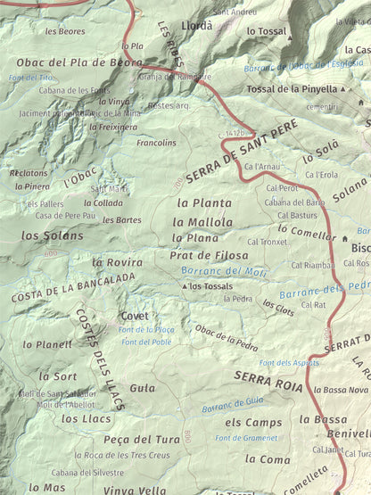 Mapa de relieve de Roca Roja, 1239 m, Noguera · Pallars Jussà, lámina 100 Cims de Trobart. Detalle de la zona superior izquierda. 30 × 40 cm.