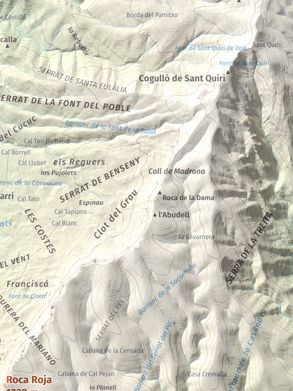 Mapa de relieve de Roca Roja, 1239 m, Noguera · Pallars Jussà, lámina 100 Cims de Trobart. Detalle de la zona superior derecha. 30 × 40 cm.