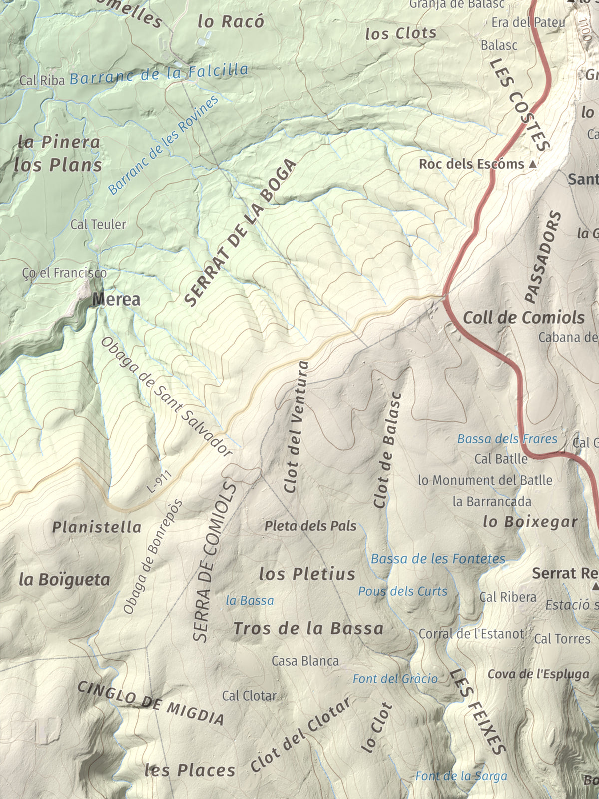 Mapa de relieve de Roca Roja, 1239 m, Noguera · Pallars Jussà, lámina 100 Cims de Trobart. Detalle de la zona inferior izquierda. 30 × 40 cm.