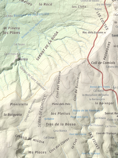 Mapa de relieve de Roca Roja, 1239 m, Noguera · Pallars Jussà, lámina 100 Cims de Trobart. Detalle de la zona inferior izquierda. 30 × 40 cm.