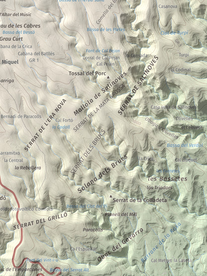 Mapa de relieve de Roca Roja, 1239 m, Noguera · Pallars Jussà, lámina 100 Cims de Trobart. Detalle de la zona inferior derecha. 30 × 40 cm.