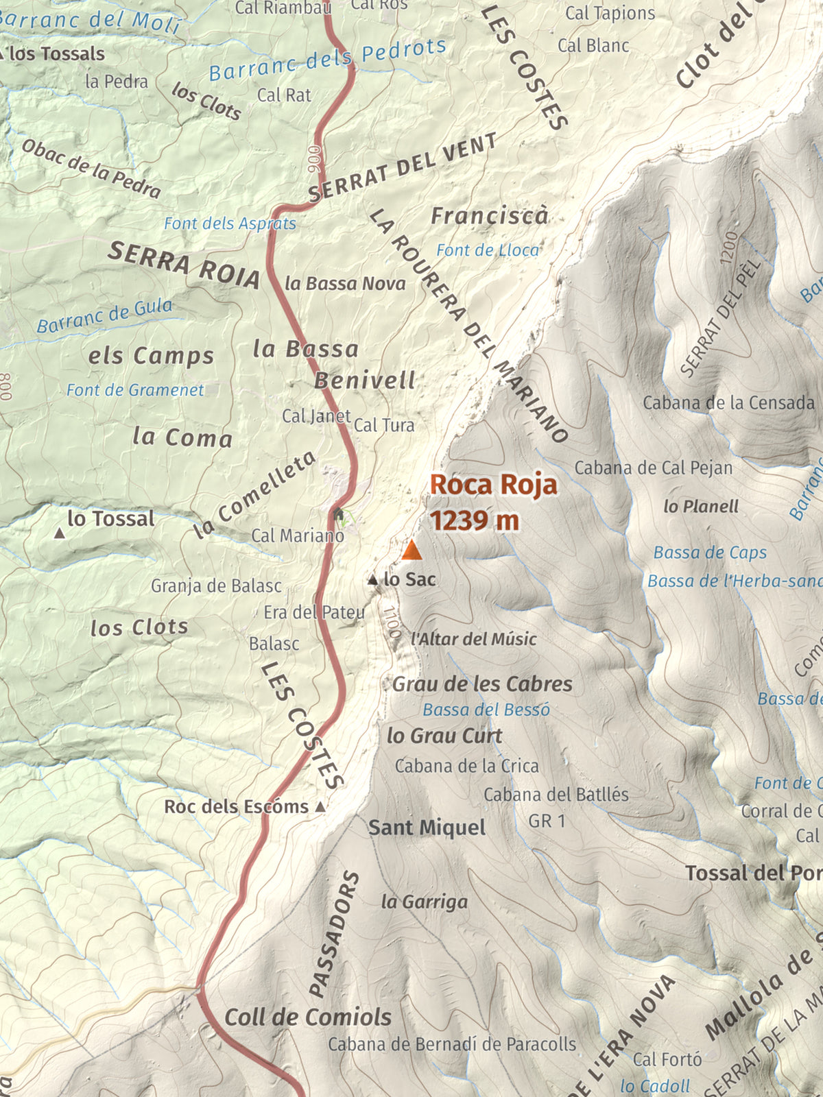 Mapa de relieve de Roca Roja, 1239 m, Noguera · Pallars Jussà, lámina 100 Cims de Trobart. Detalle de la zona central. 30 × 40 cm.
