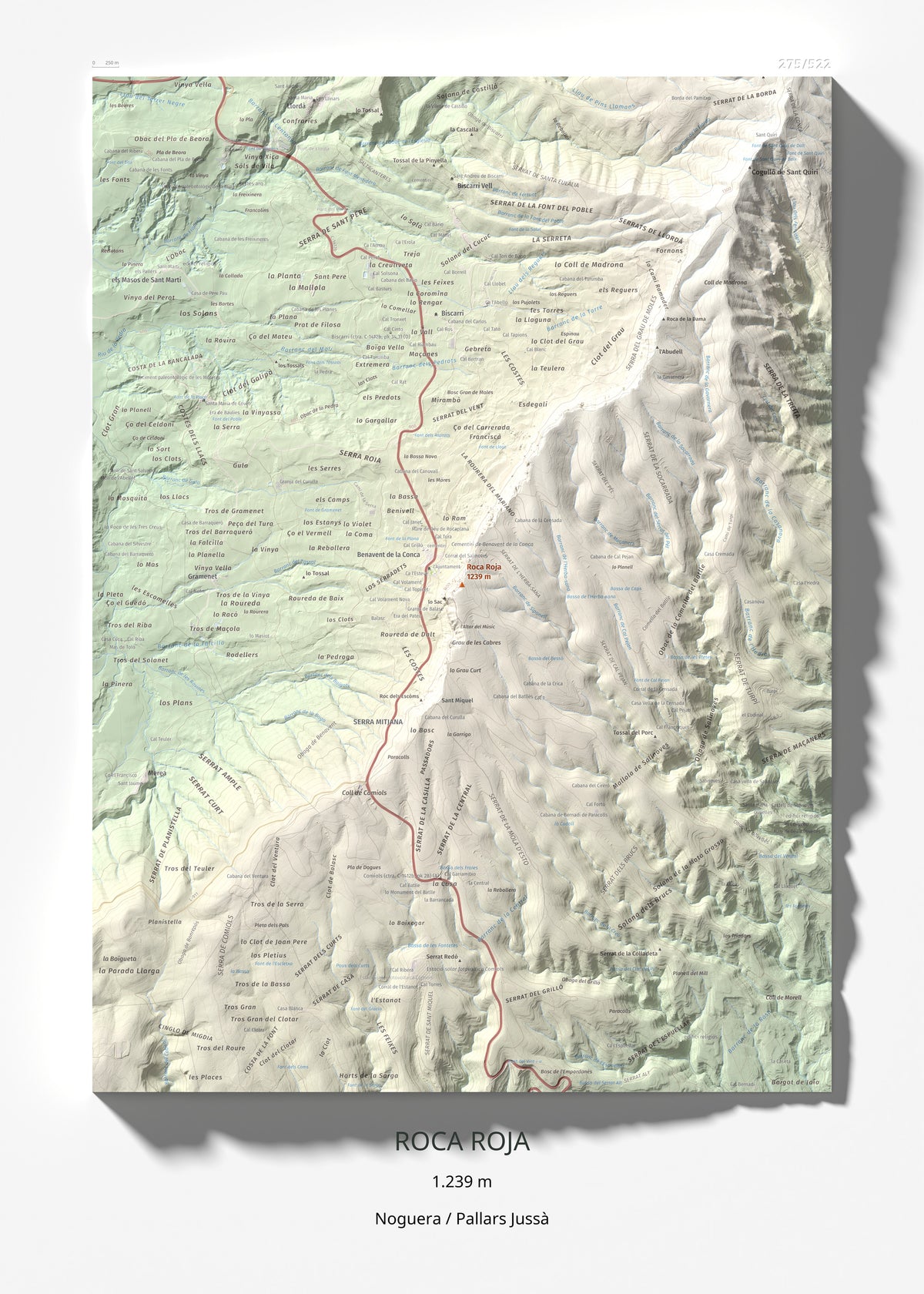 Mapa de relieve de Roca Roja, 1239 m, Noguera · Pallars Jussà, lámina 100 Cims de Trobart 50 × 70 cm.