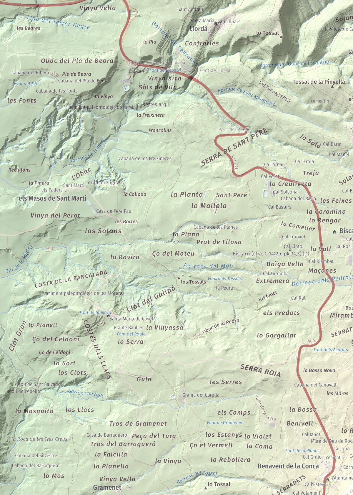 Mapa de relieve de Roca Roja, 1239 m, Noguera · Pallars Jussà, lámina 100 Cims de Trobart. Detalle de la zona superior izquierda. 50 × 70 cm.