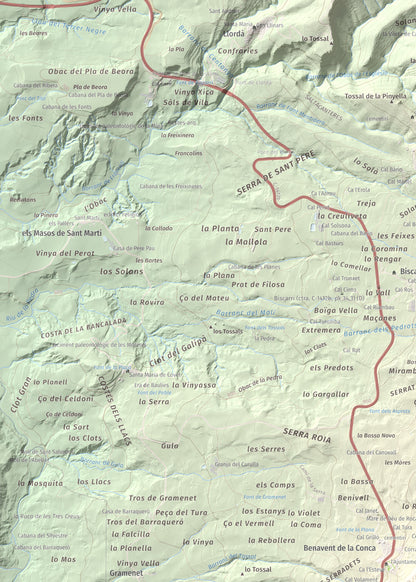 Mapa de relieve de Roca Roja, 1239 m, Noguera · Pallars Jussà, lámina 100 Cims de Trobart. Detalle de la zona superior izquierda. 50 × 70 cm.