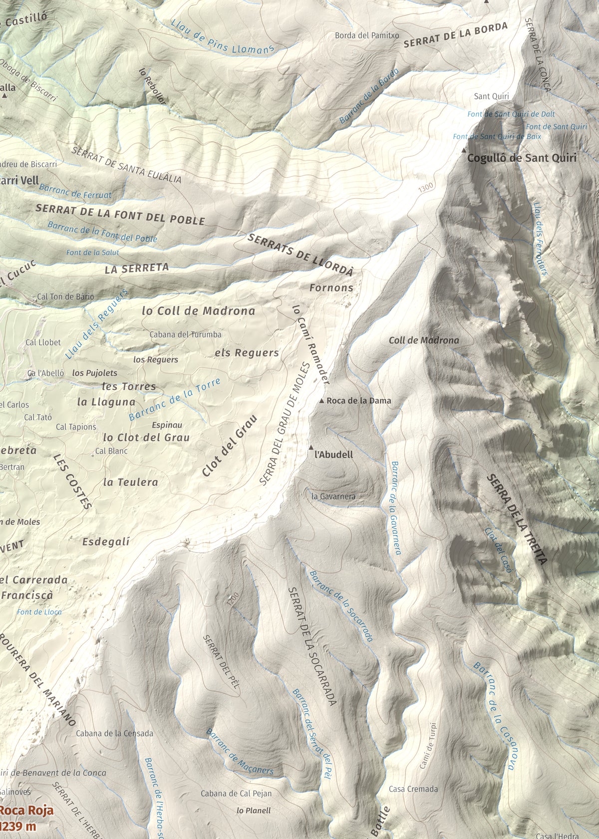 Mapa de relieve de Roca Roja, 1239 m, Noguera · Pallars Jussà, lámina 100 Cims de Trobart. Detalle de la zona superior derecha. 50 × 70 cm.