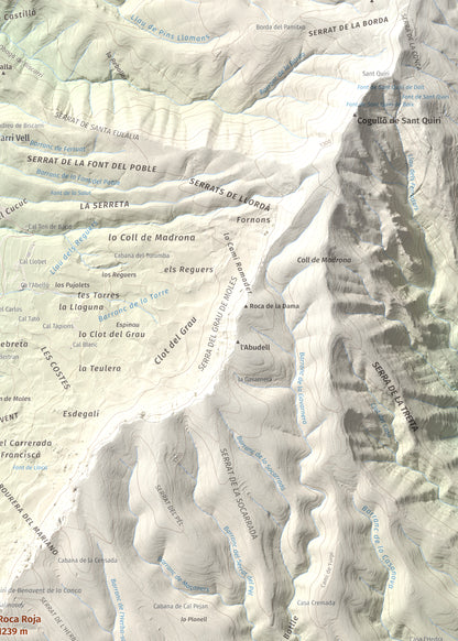 Mapa de relieve de Roca Roja, 1239 m, Noguera · Pallars Jussà, lámina 100 Cims de Trobart. Detalle de la zona superior derecha. 50 × 70 cm.