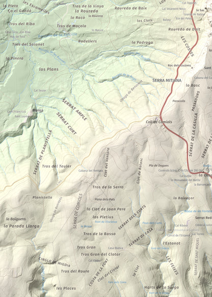 Mapa de relieve de Roca Roja, 1239 m, Noguera · Pallars Jussà, lámina 100 Cims de Trobart. Detalle de la zona inferior izquierda. 50 × 70 cm.