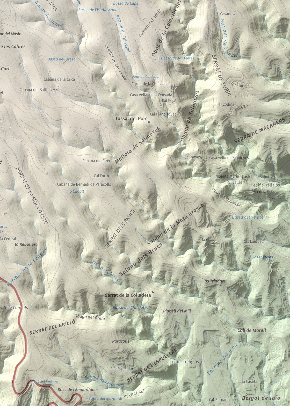 Mapa de relieve de Roca Roja, 1239 m, Noguera · Pallars Jussà, lámina 100 Cims de Trobart. Detalle de la zona inferior derecha. 50 × 70 cm.
