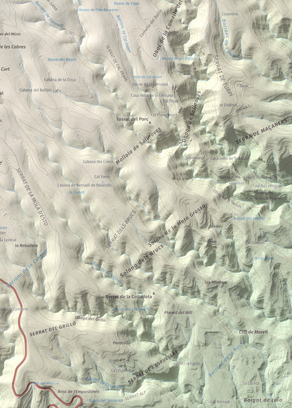 Mapa de relieve de Roca Roja, 1239 m, Noguera · Pallars Jussà, lámina 100 Cims de Trobart. Detalle de la zona inferior derecha. 50 × 70 cm.