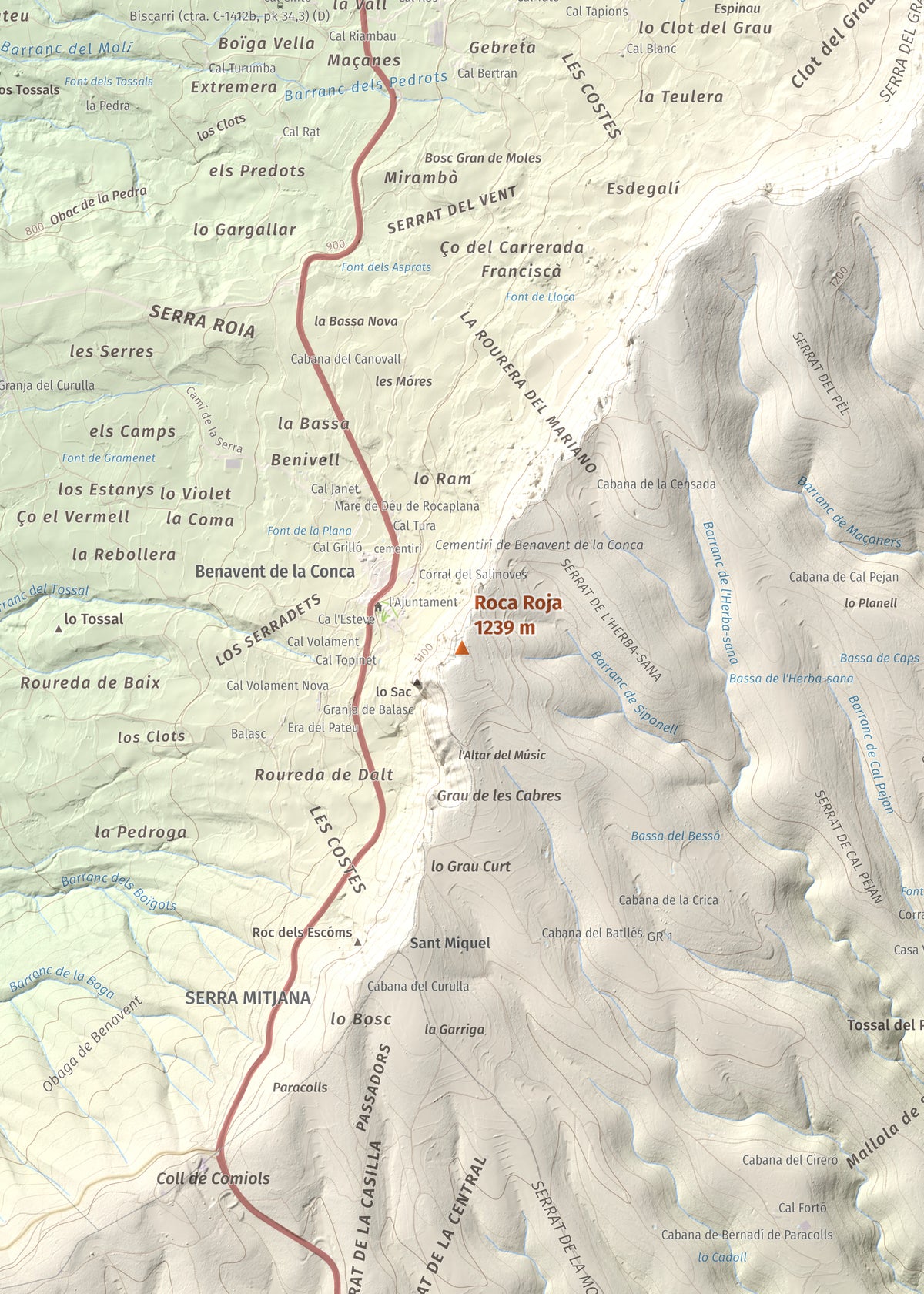 Mapa de relieve de Roca Roja, 1239 m, Noguera · Pallars Jussà, lámina 100 Cims de Trobart. Detalle de la zona central. 50 × 70 cm.