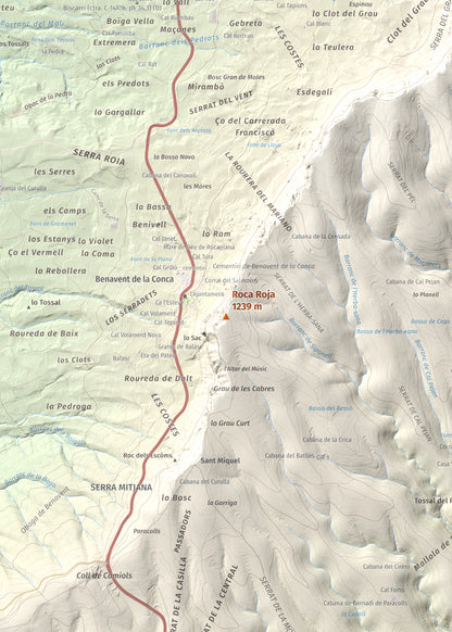 Mapa de relieve de Roca Roja, 1239 m, Noguera · Pallars Jussà, lámina 100 Cims de Trobart. Detalle de la zona central. 50 × 70 cm.