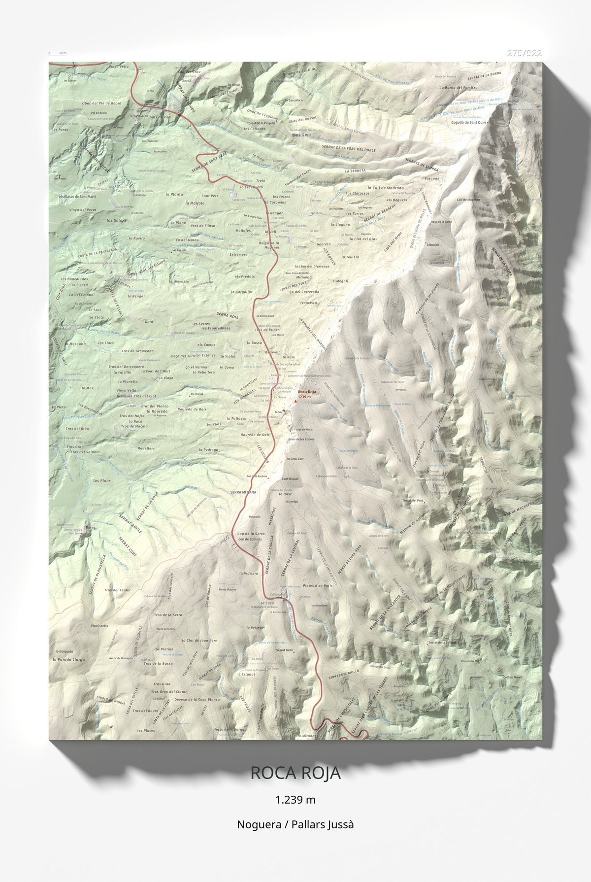 Mapa de relieve de Roca Roja, 1239 m, Noguera · Pallars Jussà, lámina 100 Cims de Trobart 61 × 91 cm.