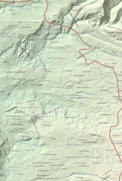 Mapa de relieve de Roca Roja, 1239 m, Noguera · Pallars Jussà, lámina 100 Cims de Trobart. Detalle de la zona superior izquierda. 61 × 91 cm.