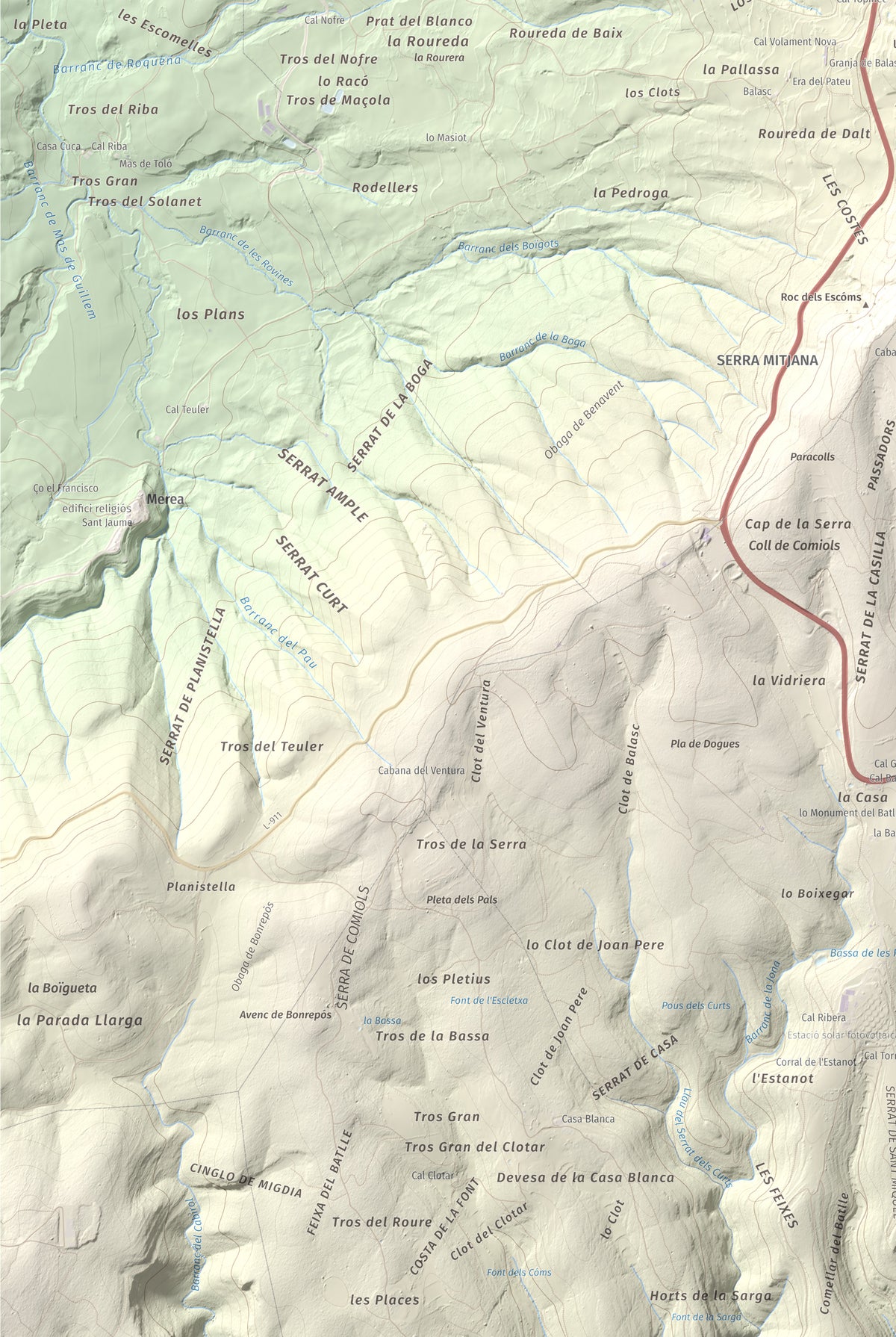 Mapa de relieve de Roca Roja, 1239 m, Noguera · Pallars Jussà, lámina 100 Cims de Trobart. Detalle de la zona inferior izquierda. 61 × 91 cm.