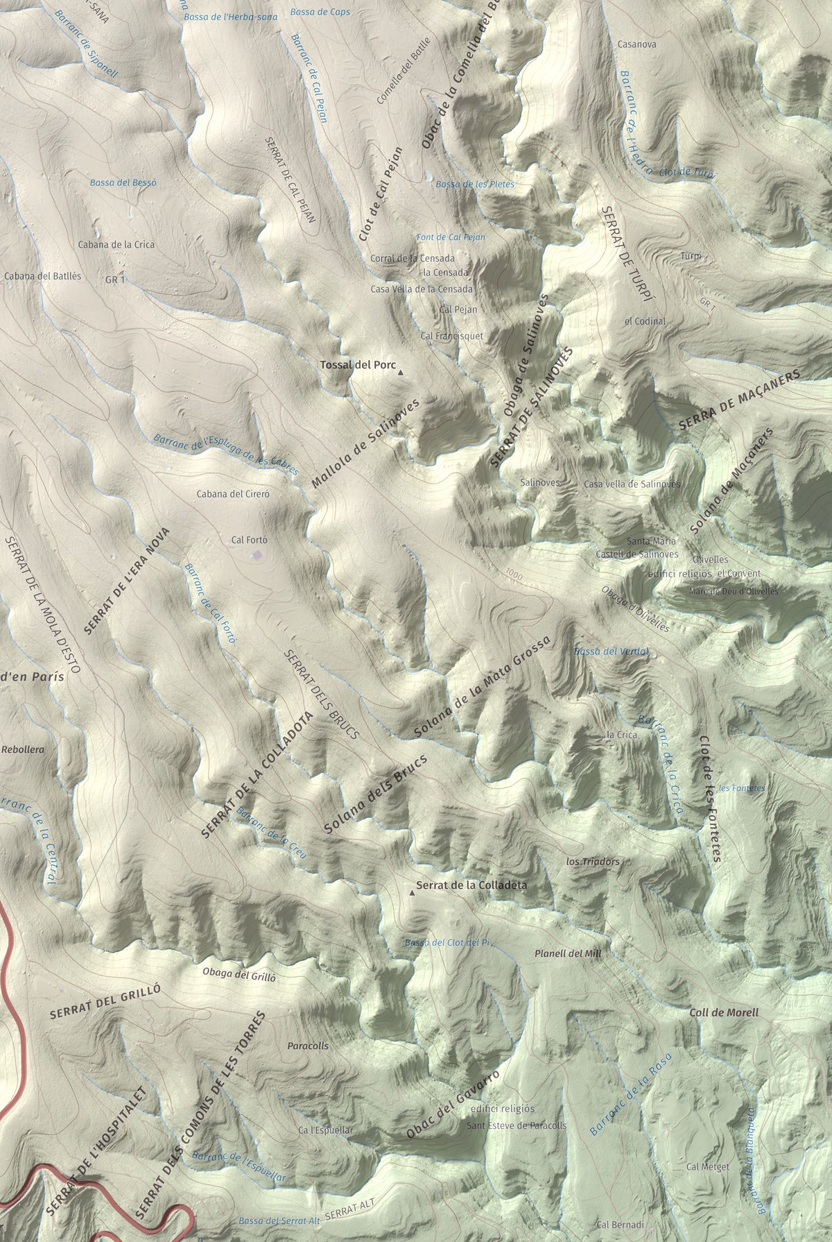 Mapa de relieve de Roca Roja, 1239 m, Noguera · Pallars Jussà, lámina 100 Cims de Trobart. Detalle de la zona inferior derecha. 61 × 91 cm.