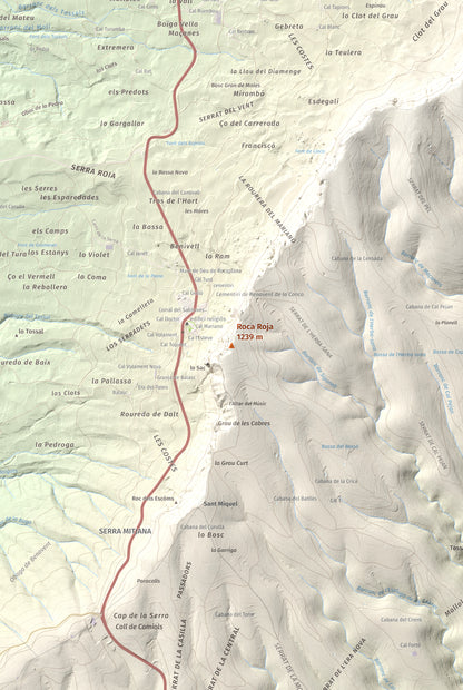 Mapa de relieve de Roca Roja, 1239 m, Noguera · Pallars Jussà, lámina 100 Cims de Trobart. Detalle de la zona central. 61 × 91 cm.