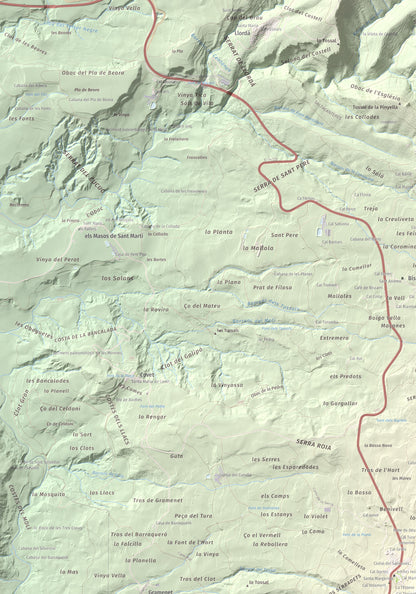 Mapa de relieve de Roca Roja, 1239 m, Noguera · Pallars Jussà, lámina 100 Cims de Trobart. Detalle de la zona superior izquierda. 70 × 100 cm.