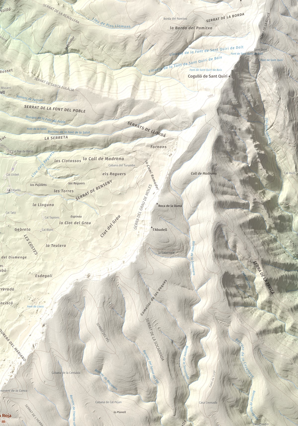 Mapa de relieve de Roca Roja, 1239 m, Noguera · Pallars Jussà, lámina 100 Cims de Trobart. Detalle de la zona superior derecha. 70 × 100 cm.