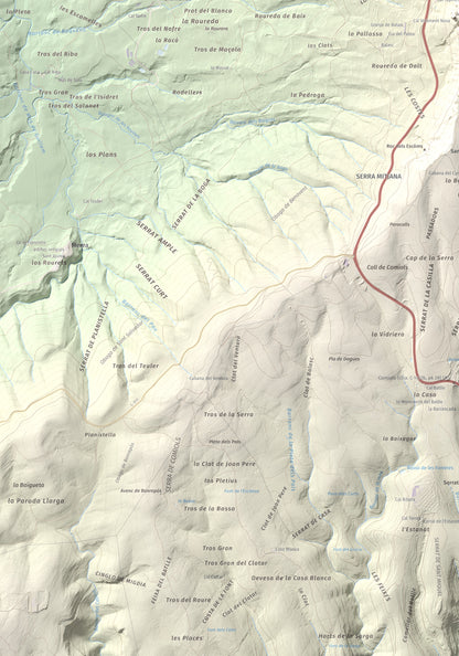 Mapa de relieve de Roca Roja, 1239 m, Noguera · Pallars Jussà, lámina 100 Cims de Trobart. Detalle de la zona inferior izquierda. 70 × 100 cm.