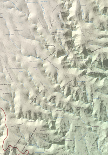 Mapa de relieve de Roca Roja, 1239 m, Noguera · Pallars Jussà, lámina 100 Cims de Trobart. Detalle de la zona inferior derecha. 70 × 100 cm.
