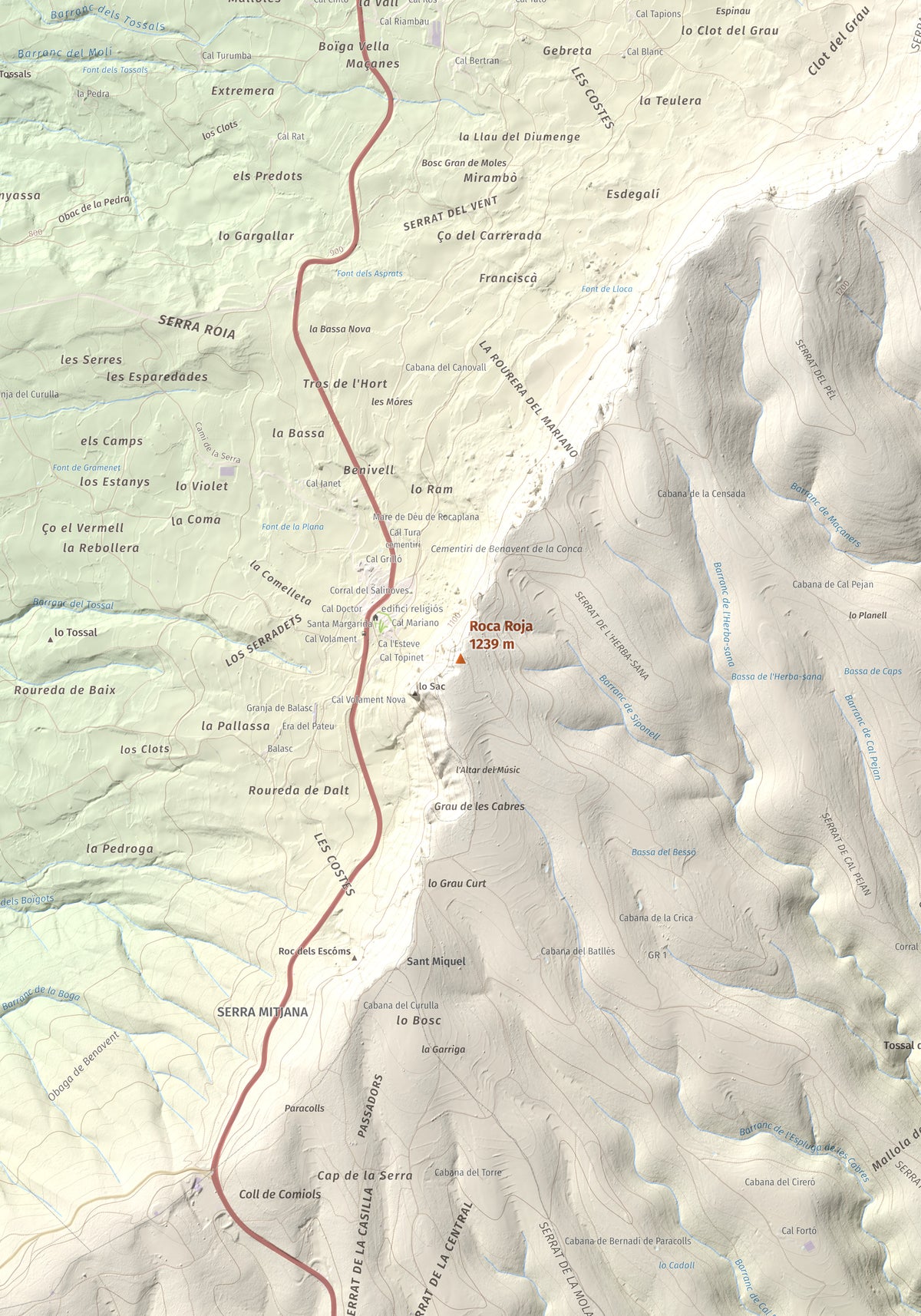 Mapa de relieve de Roca Roja, 1239 m, Noguera · Pallars Jussà, lámina 100 Cims de Trobart. Detalle de la zona central. 70 × 100 cm.