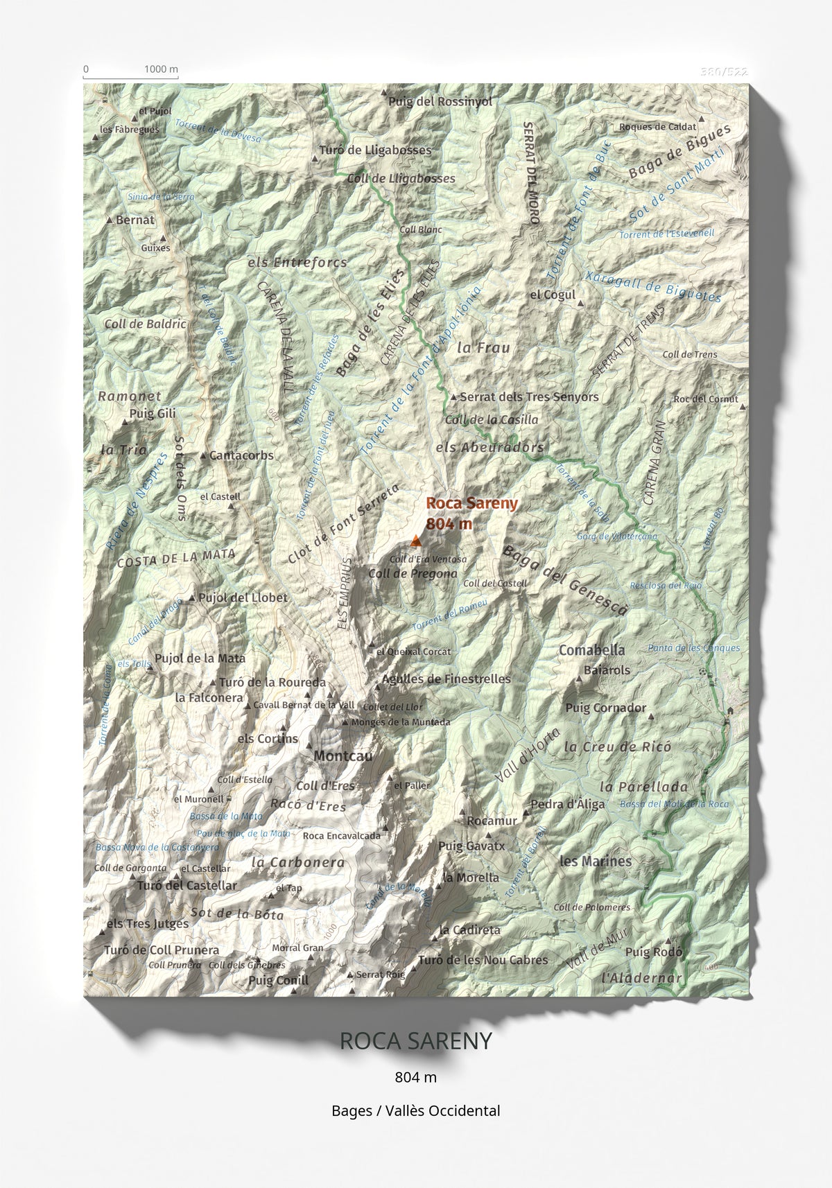 Mapa de relieve de Roca Sareny, 804 m, Bages · Vallès Occidental, lámina 100 Cims de Trobart 21 × 30 cm.