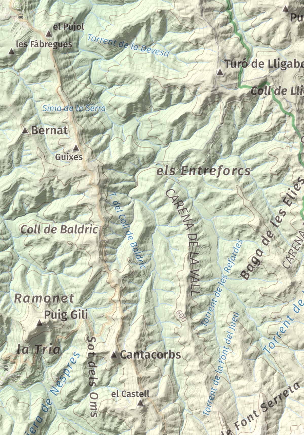 Mapa de relieve de Roca Sareny, 804 m, Bages · Vallès Occidental, lámina 100 Cims de Trobart. Detalle de la zona superior izquierda. 21 × 30 cm.