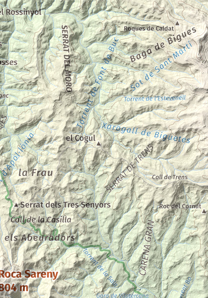 Mapa de relieve de Roca Sareny, 804 m, Bages · Vallès Occidental, lámina 100 Cims de Trobart. Detalle de la zona superior derecha. 21 × 30 cm.