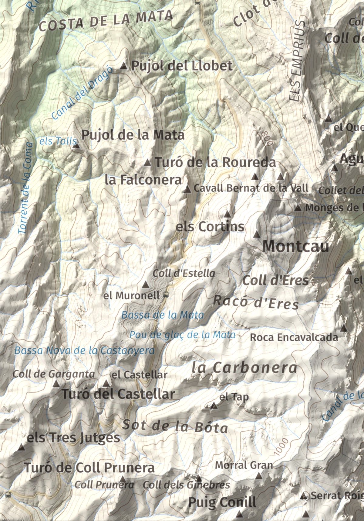 Mapa de relieve de Roca Sareny, 804 m, Bages · Vallès Occidental, lámina 100 Cims de Trobart. Detalle de la zona inferior izquierda. 21 × 30 cm.