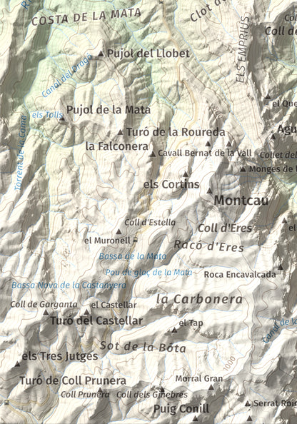 Mapa de relieve de Roca Sareny, 804 m, Bages · Vallès Occidental, lámina 100 Cims de Trobart. Detalle de la zona inferior izquierda. 21 × 30 cm.