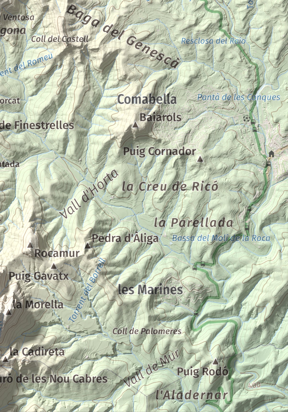 Mapa de relieve de Roca Sareny, 804 m, Bages · Vallès Occidental, lámina 100 Cims de Trobart. Detalle de la zona inferior derecha. 21 × 30 cm.