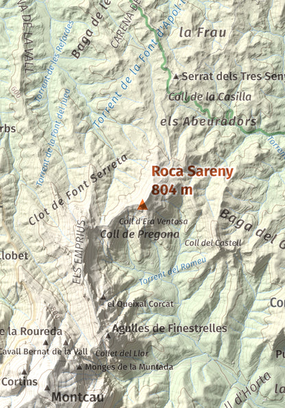Mapa de relieve de Roca Sareny, 804 m, Bages · Vallès Occidental, lámina 100 Cims de Trobart. Detalle de la zona central. 21 × 30 cm.