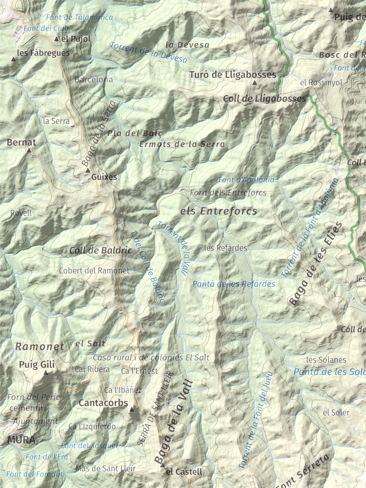 Mapa de relieve de Roca Sareny, 804 m, Bages · Vallès Occidental, lámina 100 Cims de Trobart. Detalle de la zona superior izquierda. 30 × 40 cm.