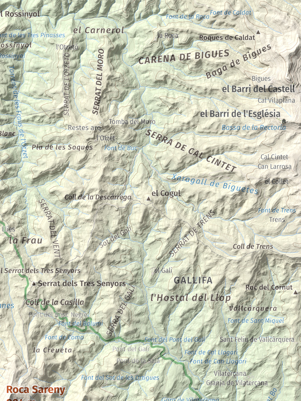 Mapa de relieve de Roca Sareny, 804 m, Bages · Vallès Occidental, lámina 100 Cims de Trobart. Detalle de la zona superior derecha. 30 × 40 cm.