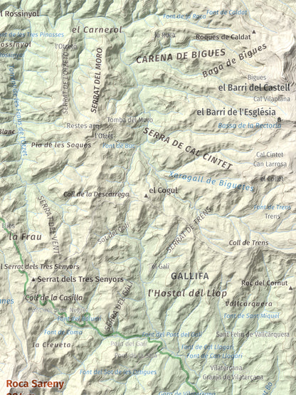 Mapa de relieve de Roca Sareny, 804 m, Bages · Vallès Occidental, lámina 100 Cims de Trobart. Detalle de la zona superior derecha. 30 × 40 cm.