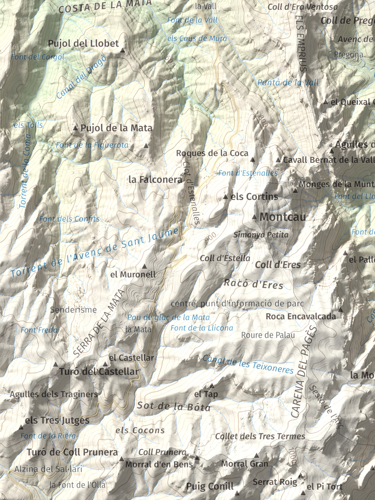 Mapa de relieve de Roca Sareny, 804 m, Bages · Vallès Occidental, lámina 100 Cims de Trobart. Detalle de la zona inferior izquierda. 30 × 40 cm.